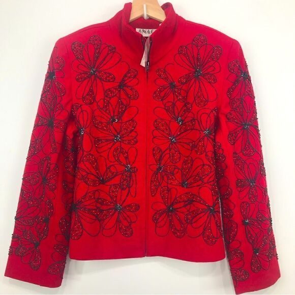 ANAGE Red Black Bead Embroidered Floral Design Holiday Statement Jacket NEW - Picture 2 of 16